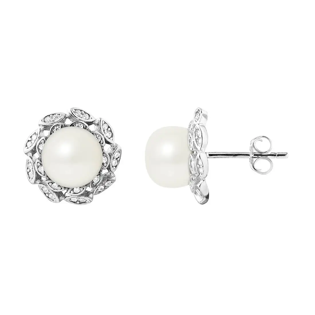 Boucles d'oreilles Fleur en Argent, Zircones & Perles d'Eau Douce boutons blanc naturel
