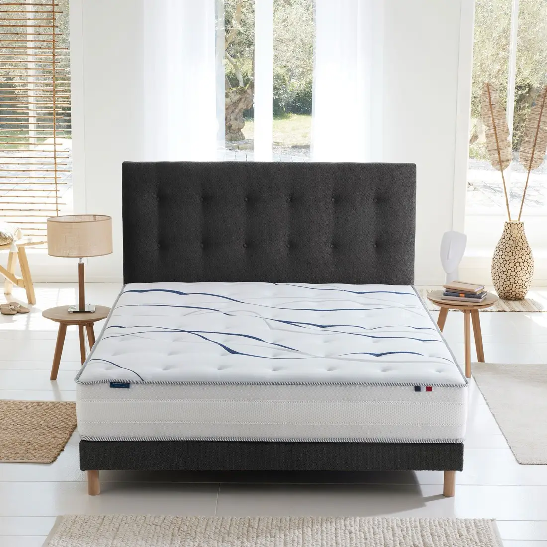 Ensemble matelas mousse HD NUVIA + sommier, chenille bouclettes Gris anthracite - 140x190 cm