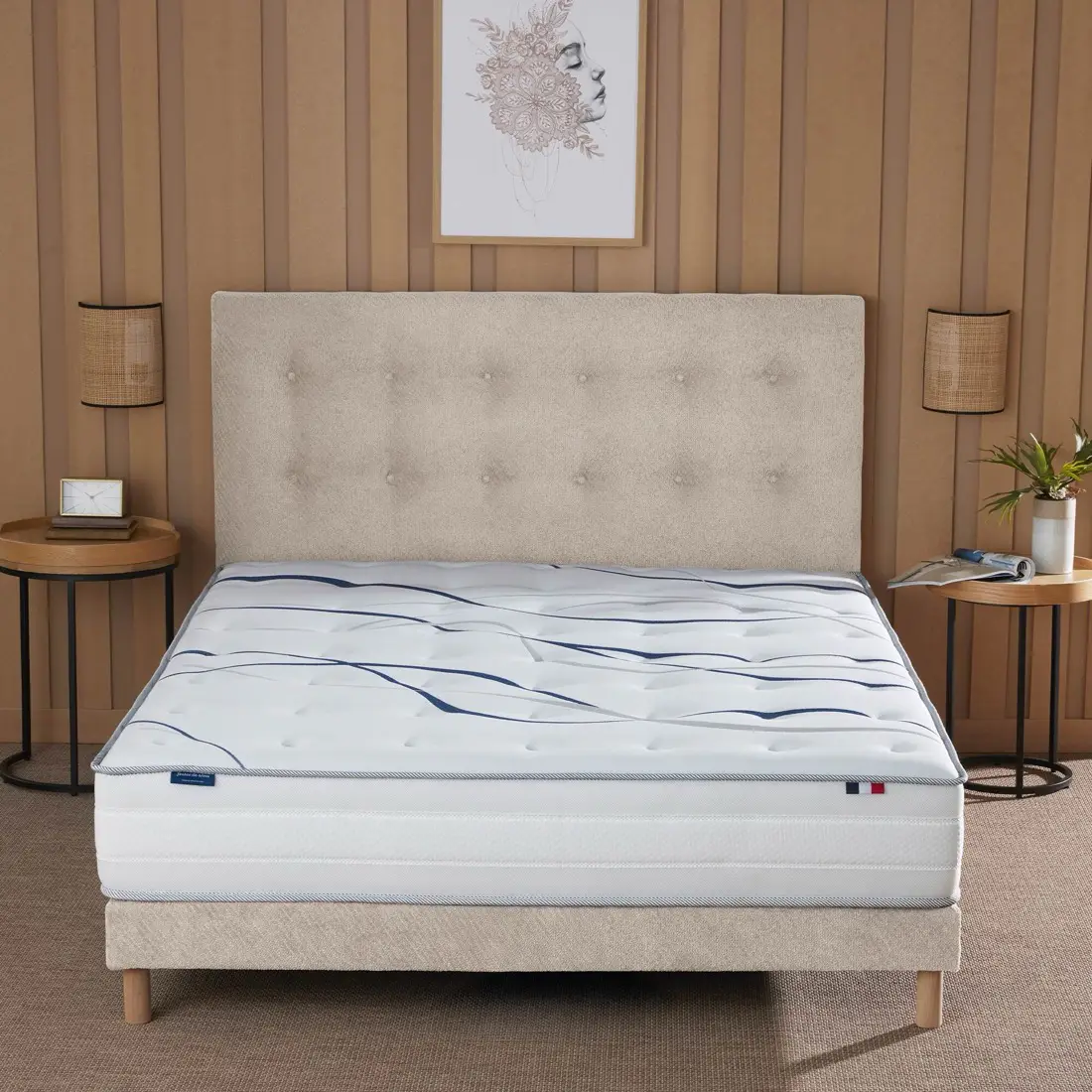 Ensemble matelas mousse HD SERENA + sommier, chenille bouclettes Crème - 140x190 cm